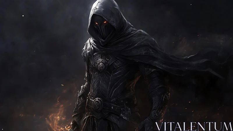 Shadow-cloaked dark knight with burning ember eyes stands.