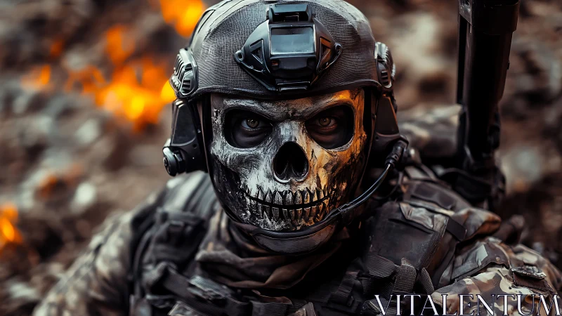 Skull-masked tactical soldier amid flames in battlezone.