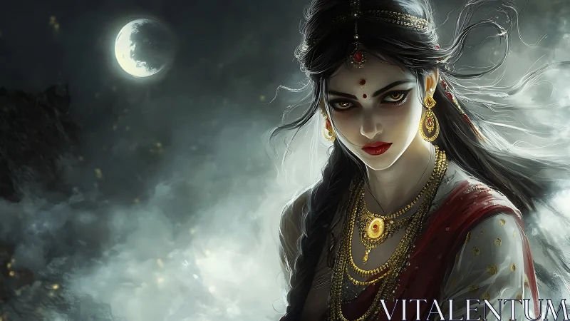 Digital portrait depicts jeweled woman before mist and moon