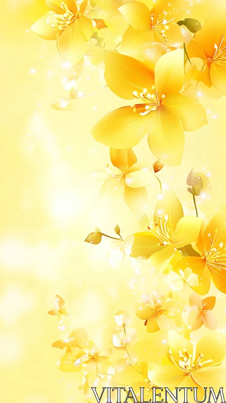 Golden floral cascade on luminous yellow background.