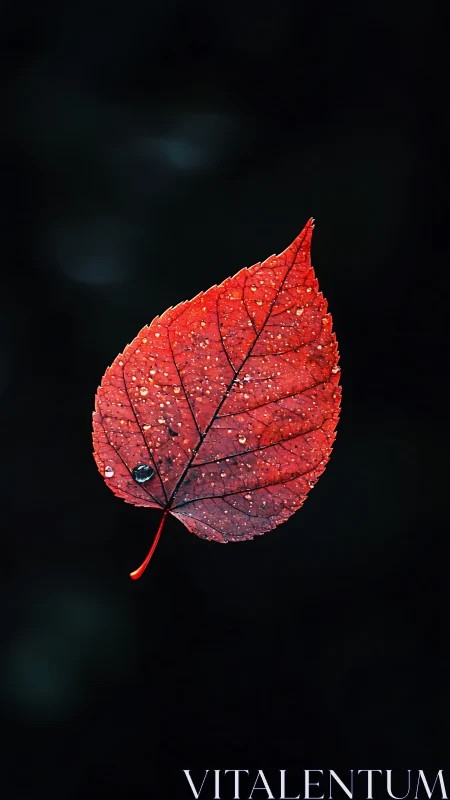 Gentle red leaf glowing softly against the deep dark night.