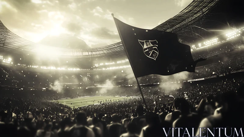 Large football stadium crowd with flag in sepia light.