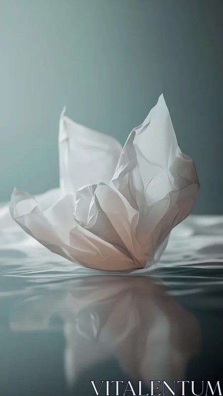 Photorealistic crumpled paper sculpture on reflective water surface.