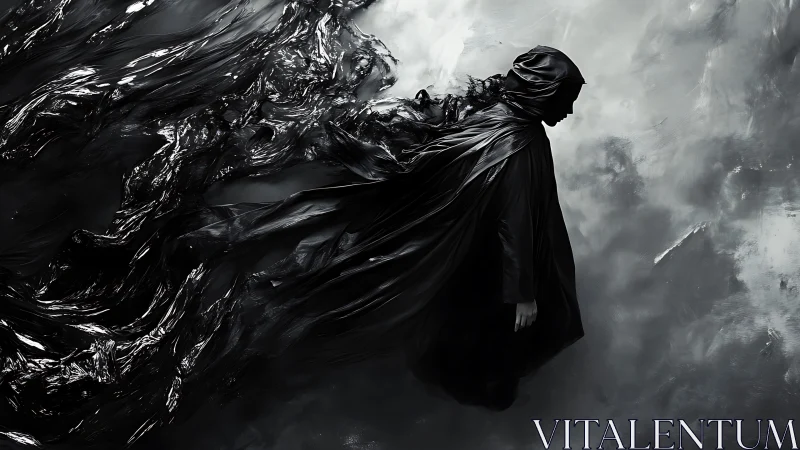 Digital painting of cloaked figure dissolving into black void.