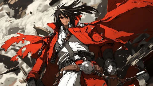 Warrior in red coat strides through swirling battle ruins