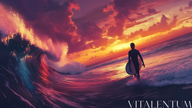 Surfer walking toward large wave under vivid sunset sky.