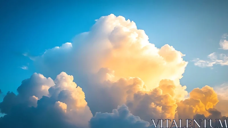 Sunlit cumulus cloudscape under deep cyan evening sky.