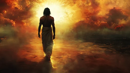 Mystic figure walks toward blinding celestial light portal.