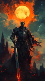 Blood-red moon crowns an ash-draped infernal warlord