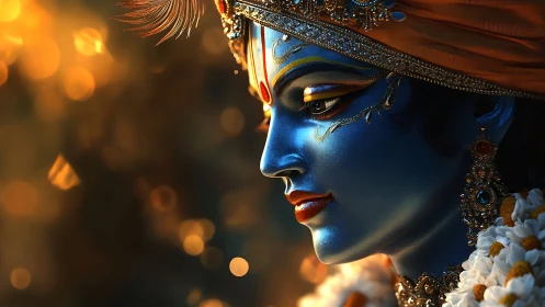 Divine blue deity portrait glows in warm sacred light