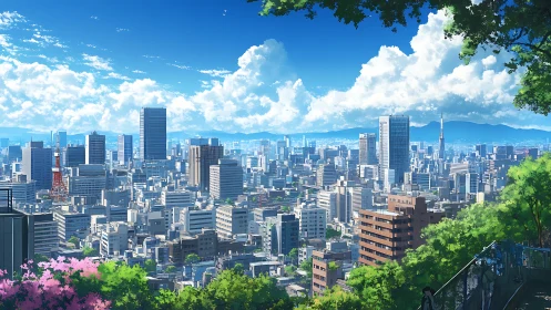 Sunlit anime city skyline unfolds beneath vivid summer clouds