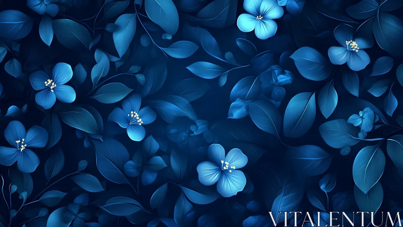 Luminous Blue Flowers in Deep Indigo Garden Scene