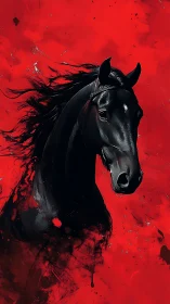 Midnight warhorse erupts from a storm of crimson paint.
