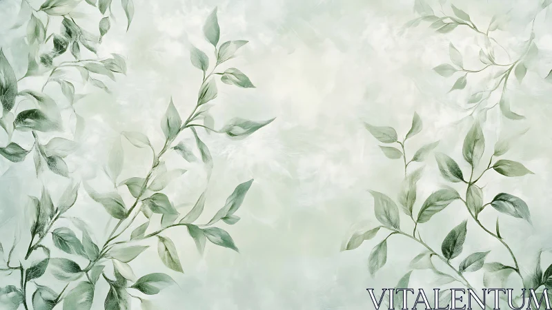 Soft green botanical branches on pale textured background.