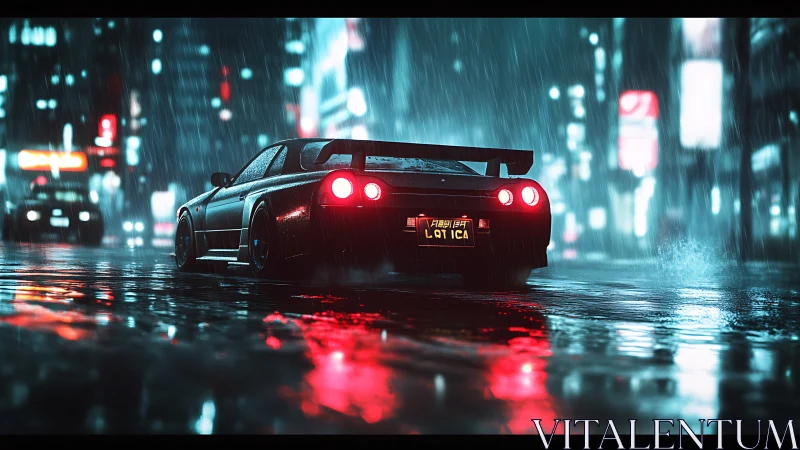 Rain-soaked tuner coupe under neon bokeh with reflective wet asphalt