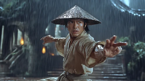 Martial artist holds a steady stance under the pouring rain
