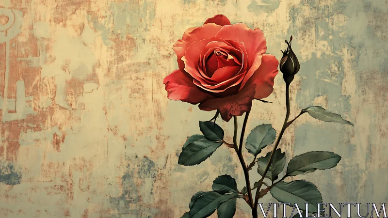 Single red rose with bud against textured painted wall