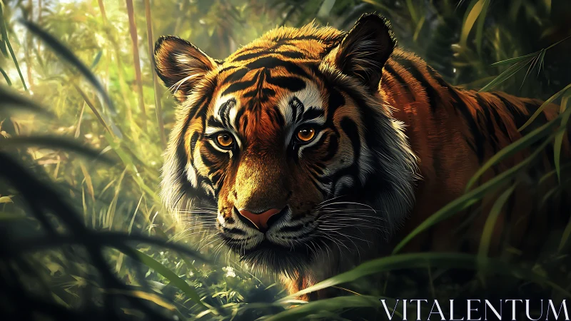 Bengal tiger moving through dense green forest understory.