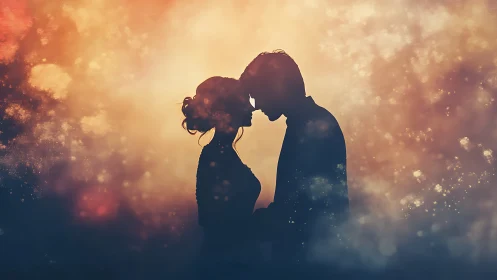 Two Silhouettes Embrace in Luminous Golden Mist.