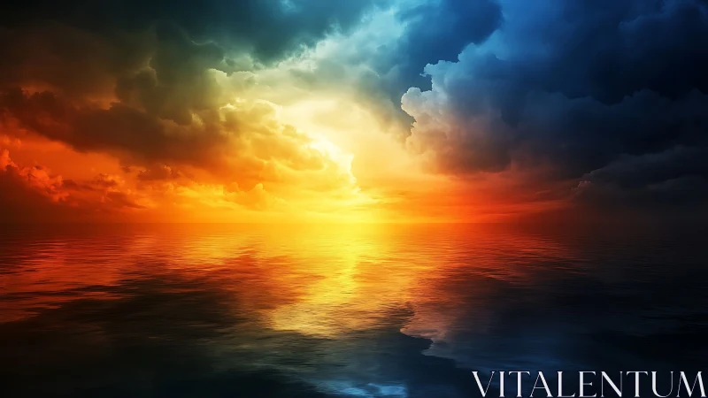 Sunset light transitions across clouds and reflective sea surface