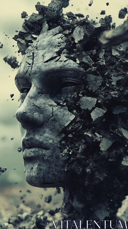 Cracked stone face dissolving into flying debris sculpture.