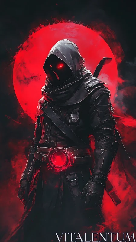 Hooded shadow warrior stands before radiant blood moon
