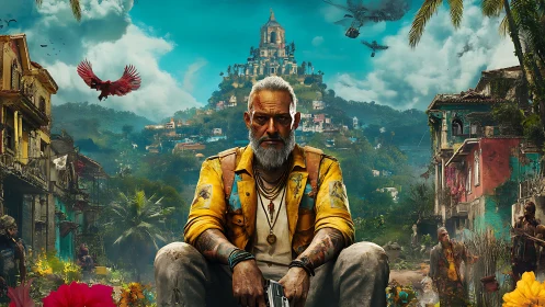 Militarized elder sits before layered tropical hillside fortress city