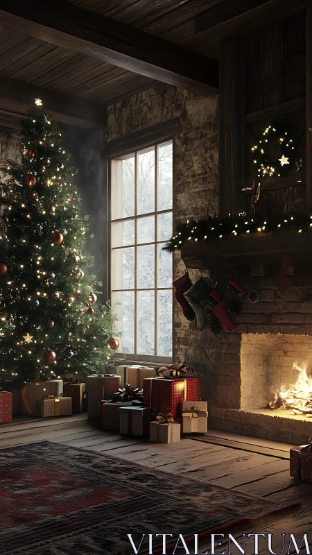 Decorated Christmas tree and fireplace in rustic interior.