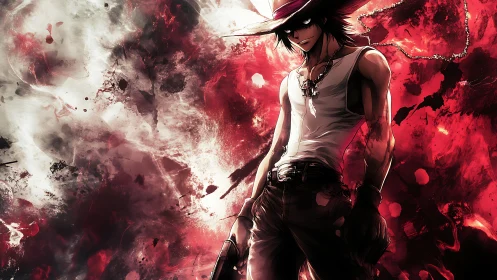 Dark anime gunfighter in white hat amid red chaos.
