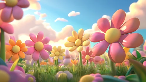 Oversized Flowers Field Under Clear Sky.