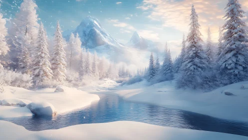 Snowy alpine river winds through serene winter mountainscape.