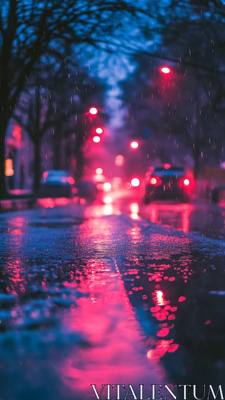 Rainy city street captures defocused neon traffic lights