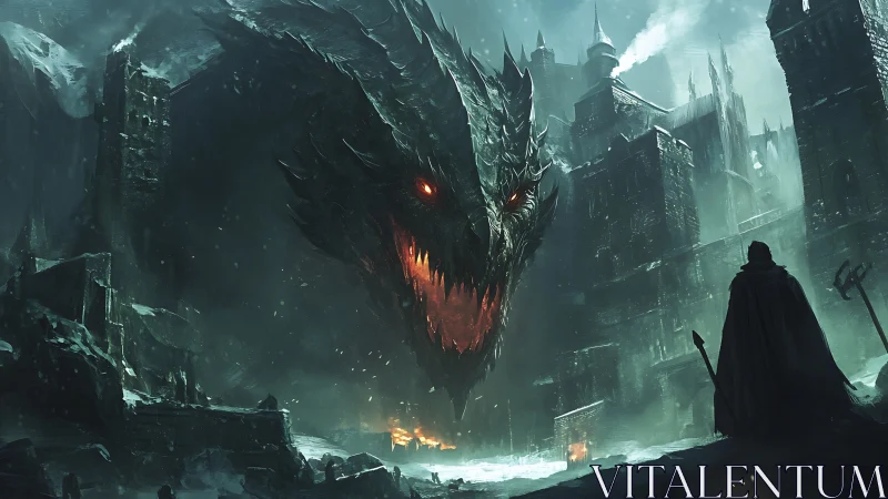 Enormous dragon descends on frozen fortress in stormy night