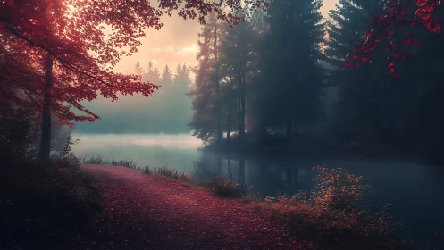 Autumn forest path beside misty lake at sunrise glow.