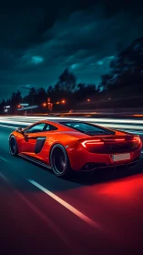 Scarlet supercar slices through a neon lit midnight highway