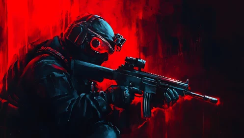 Tactical operator aims rifle against high-contrast red backdrop