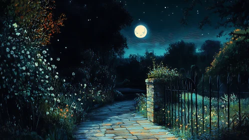 Moonlit garden path curves past wrought-iron gate.