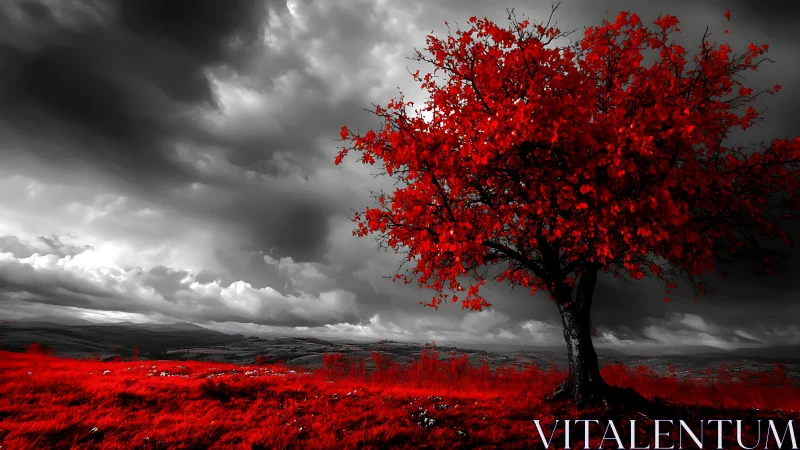 Solitary crimson tree under brooding monochrome sky.