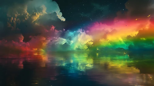 Rainbow stormdreams drifting over a mirrorwater horizon.