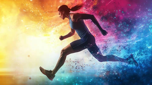 Female runner in profile crosses dual color abstract field