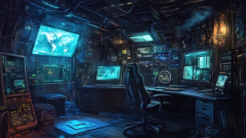 Cyberpunk control room shows multi-screen monitoring station