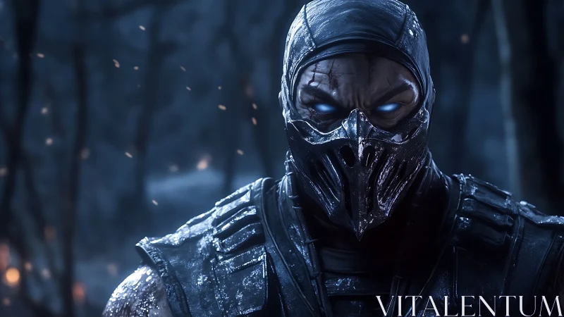 Armored masked warrior rendered in high-contrast 3D realism