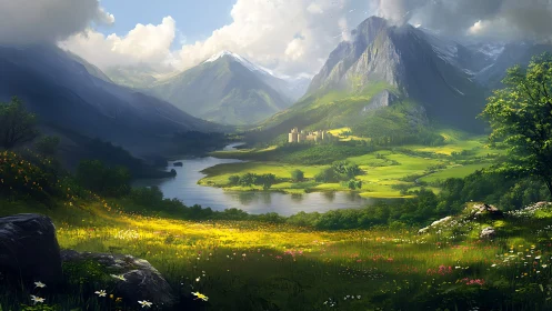 Sunlit valley castle encircled by towering alpine peaks.