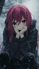 Rain-soaked thoughts gather beneath crimson-tinted bangs