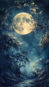 Full Moon Through Ancient Forest Canopy at Night