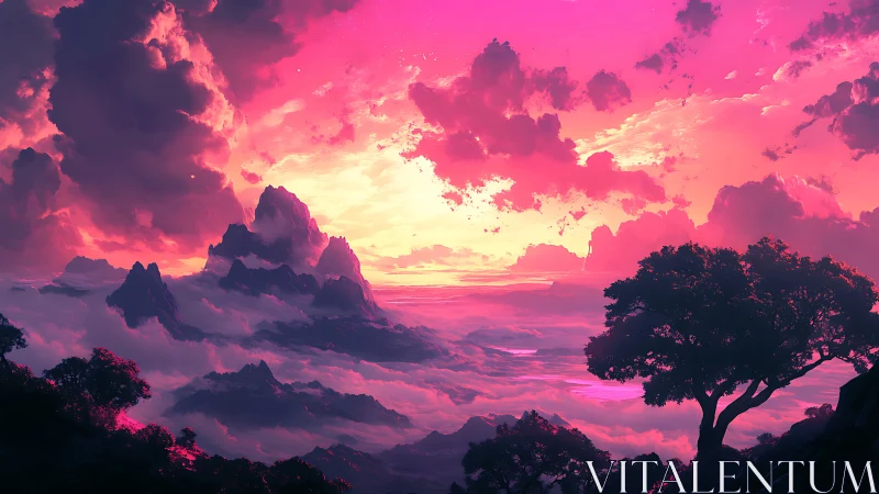 Vibrant digital sky over stylized mountains and cloud valley