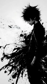 Solitary ink covered figure in stark monochrome profile.