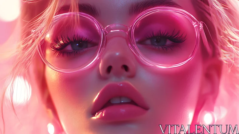 Close portrait of woman in pink-tinted round glasses.