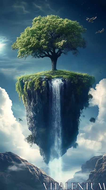 Floating island tree with cascading skyfall waterfall.