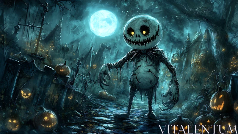 Moonlit stitched scarecrow stalking a haunted pumpkin road.